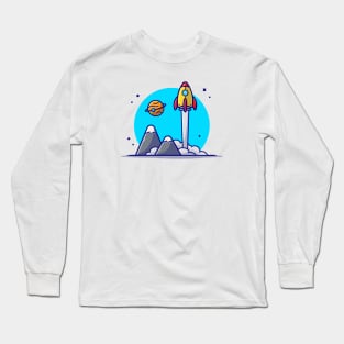 Space Shuttle Taking Off with Planet and Mountain Space Cartoon Vector Icon Illustration Long Sleeve T-Shirt